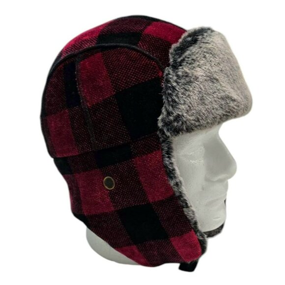 VTG Woolrich Trapper Hat Buffalo Plaid Ear Flaps Faux Fur-Lined Cap Red Black - Picture 2 of 12